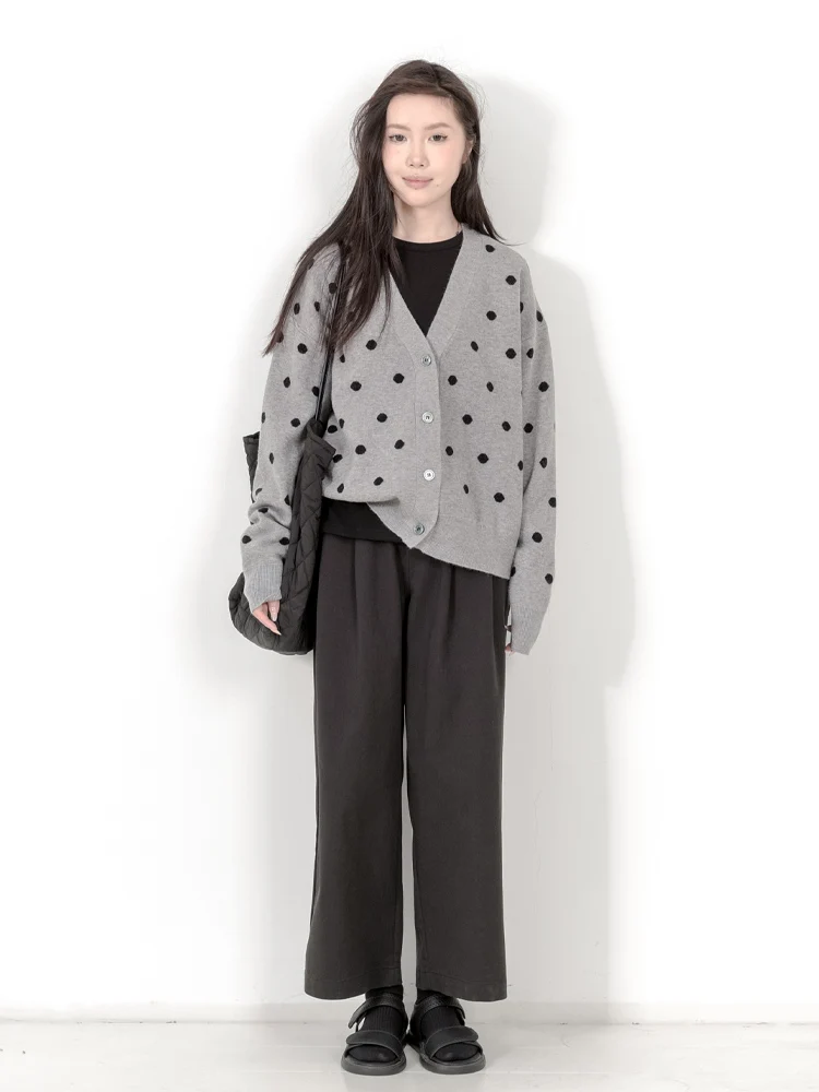 

Retro Spring Autumn Polka Dot Loose Long Sve V Ne Open Cardigan Knitted Sweater Women's Outerwear Jaet Sweater