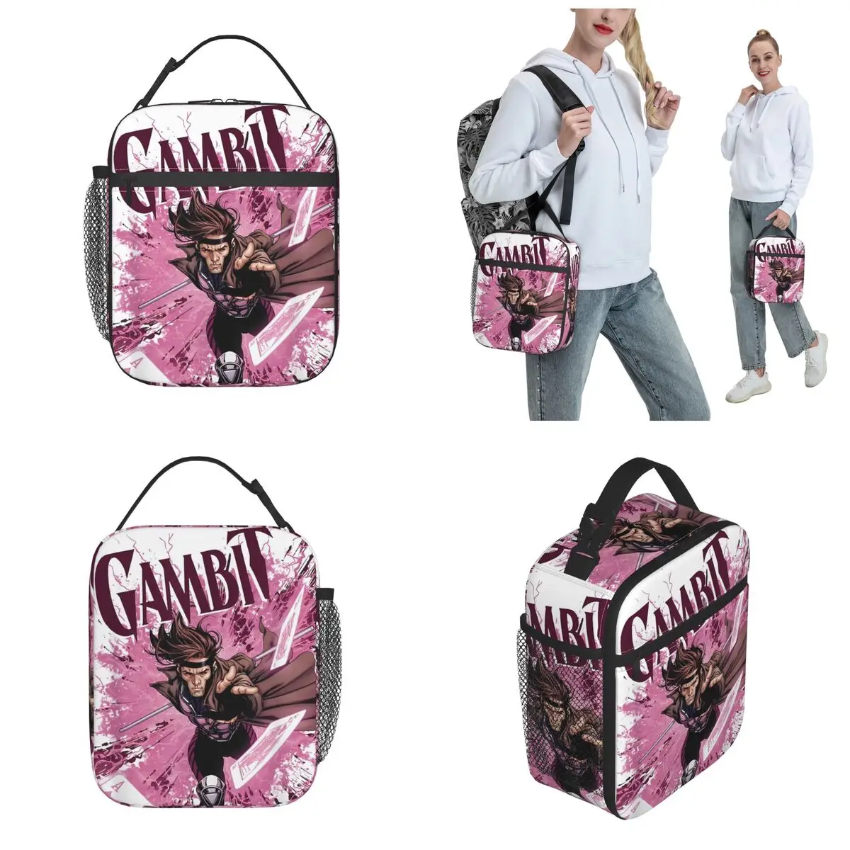 X-Men Gambit Pink Cards Explosion Thermal Insulated Lunch Bag for Picnic Portable Food Container Bags Thermal Cooler Food Box