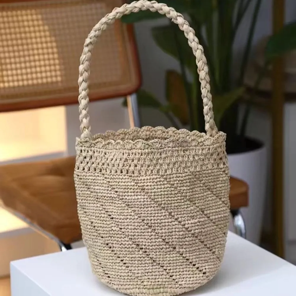 Handmade Crochet Straw Bucket Bag Bohemian Raffia Women Handbag Travel Beach Bag Summer Vacation Woven Shoulder Bags for Women