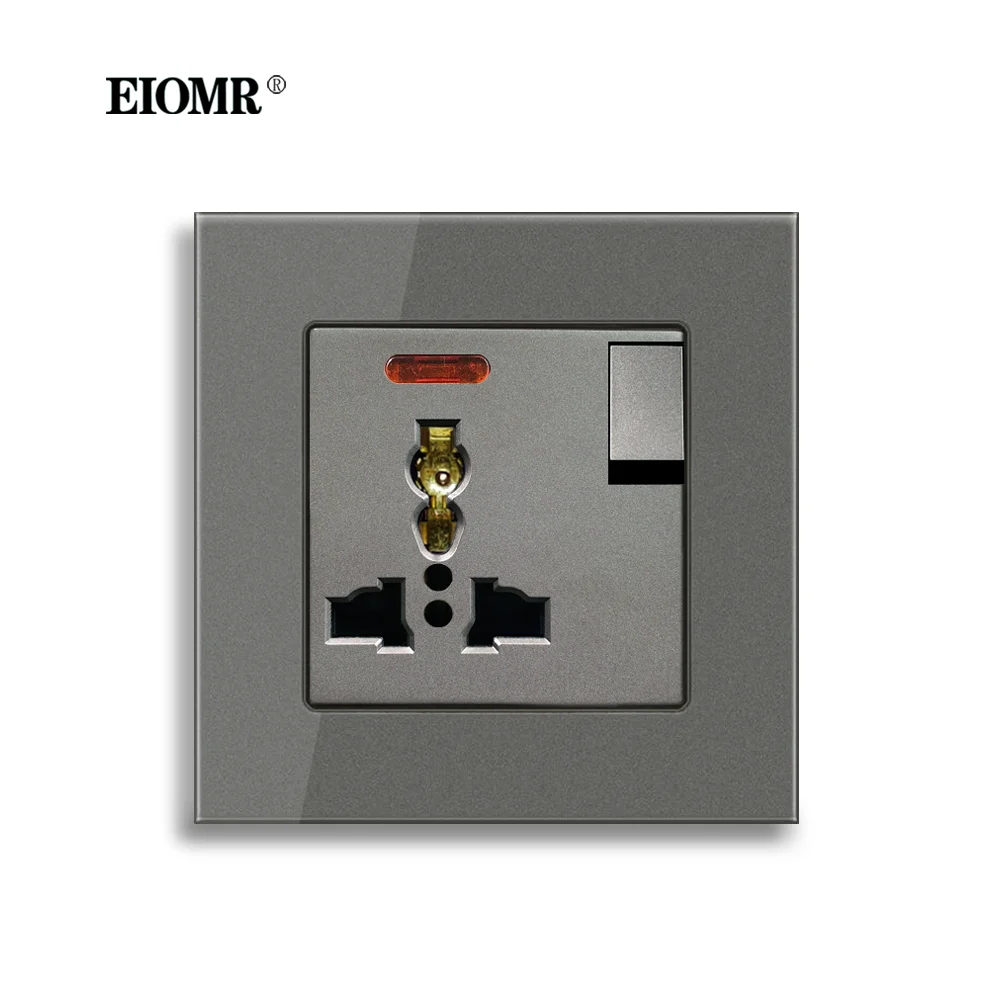 EIOMR Universal Power Socket with Switch and on/off Led Indicator Crystal Glass Panel 86mm*86mm 13A General 3 Holes Wall Socket