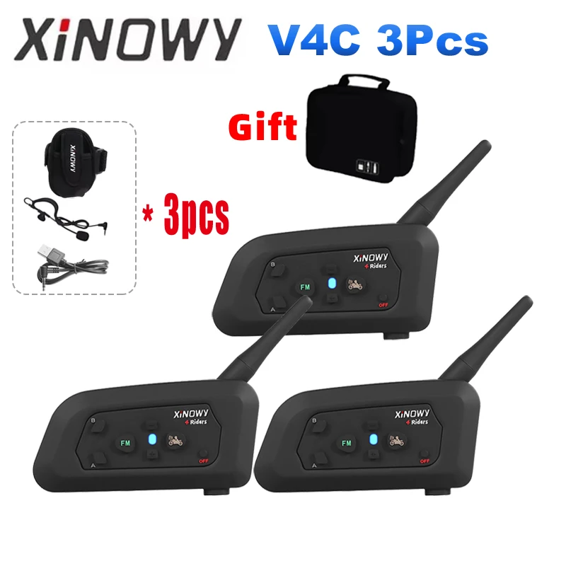 XiNOWy 3pcs V4C 1200M Referee Communication System Intercom Full Duplex 3-Ways Football Coach Judger Earhook Earphone Waterproof