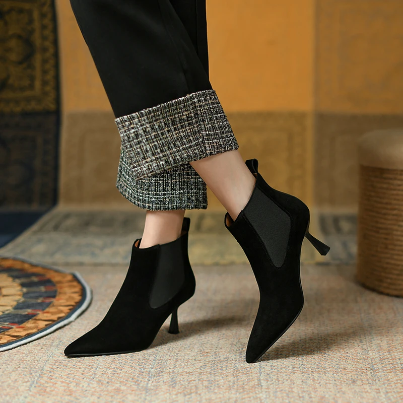 Women Genuine Leather Ankle Boots Pointed Toe Thin High Heels Office Ladies Basic Shoes Woman 2022 New Autumn Winter Elegant