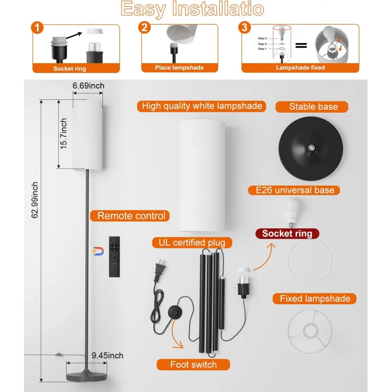Dimmable Floor Standing Tall Lamp, 12W Led Bulb with Lampshade, Foot Switch, Remote Custom Color Temperature Pole for Bedroom