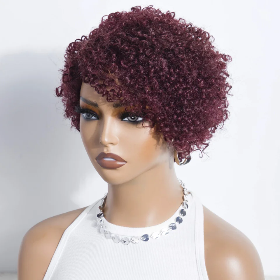 Lekker 99j Burg Red Short Pixie Cut Afro Kinky Curly Bob Human Hair Wigs For Women Brazilian Remy Hair Ready to Wear Colored Wig image 3