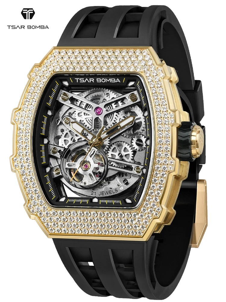 TSAR BOMBA Diamond Automatic Watch for Men Luxury Mechanical Wristwatch Sapphire Waterproof Skeleton Clock