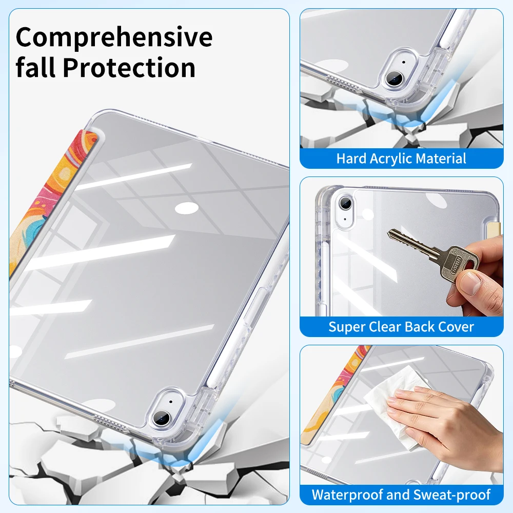 For iPad 11th A16 2025/10th Gen 2022 Air M2 M3 M4 Case Acrylic Clear Cartoon Back Cover Magnetic Smart Case Shockproof Free Gift