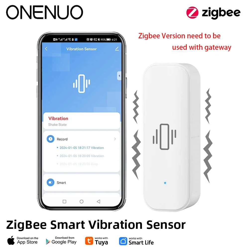 ONENUO Zigbee Smart Vibration Sensor Detection Tuya Smart Life APP Notification Real-Time Motion Shock Alarm History Record