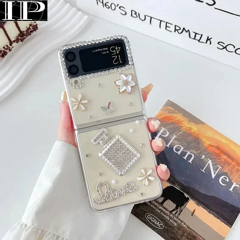 

Роскошный модный чехол для телефона с цветами розы и стразами для Samsung Galaxy Z Flip 1 2 3 Flip5 алмазная корона жемчуг Z флип-чехол 4