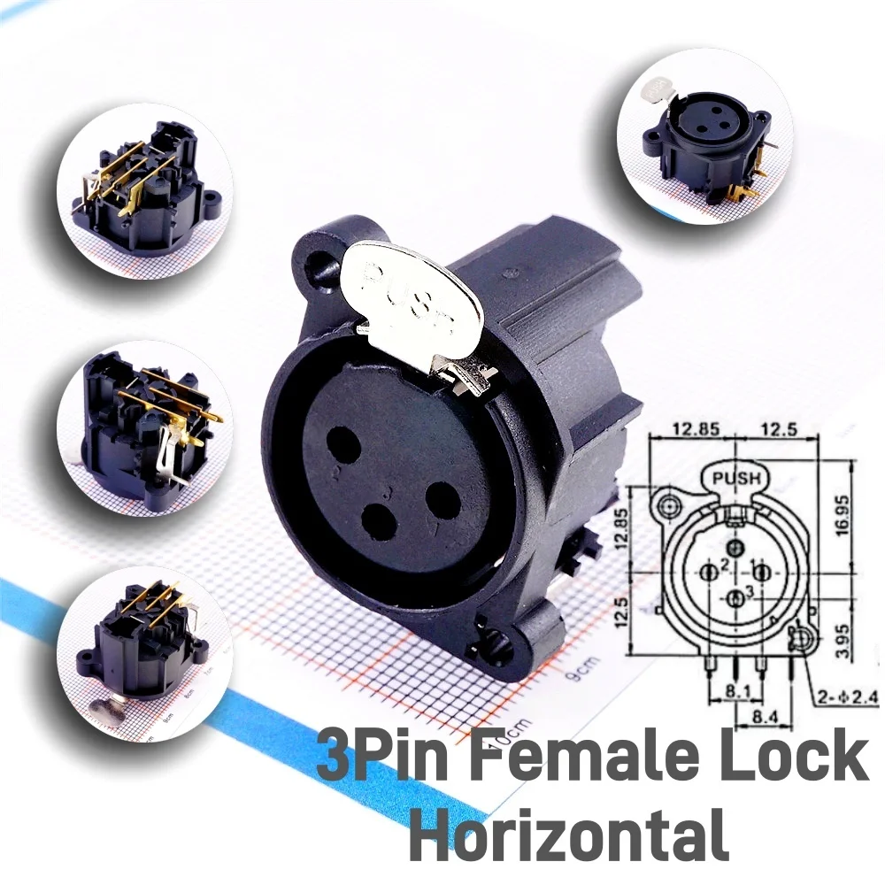 10 pcs 3 position XLR connector Panel Mount Latch Lock Female right angle receptacle 3 Pin circular Conn gold plate pins PCB