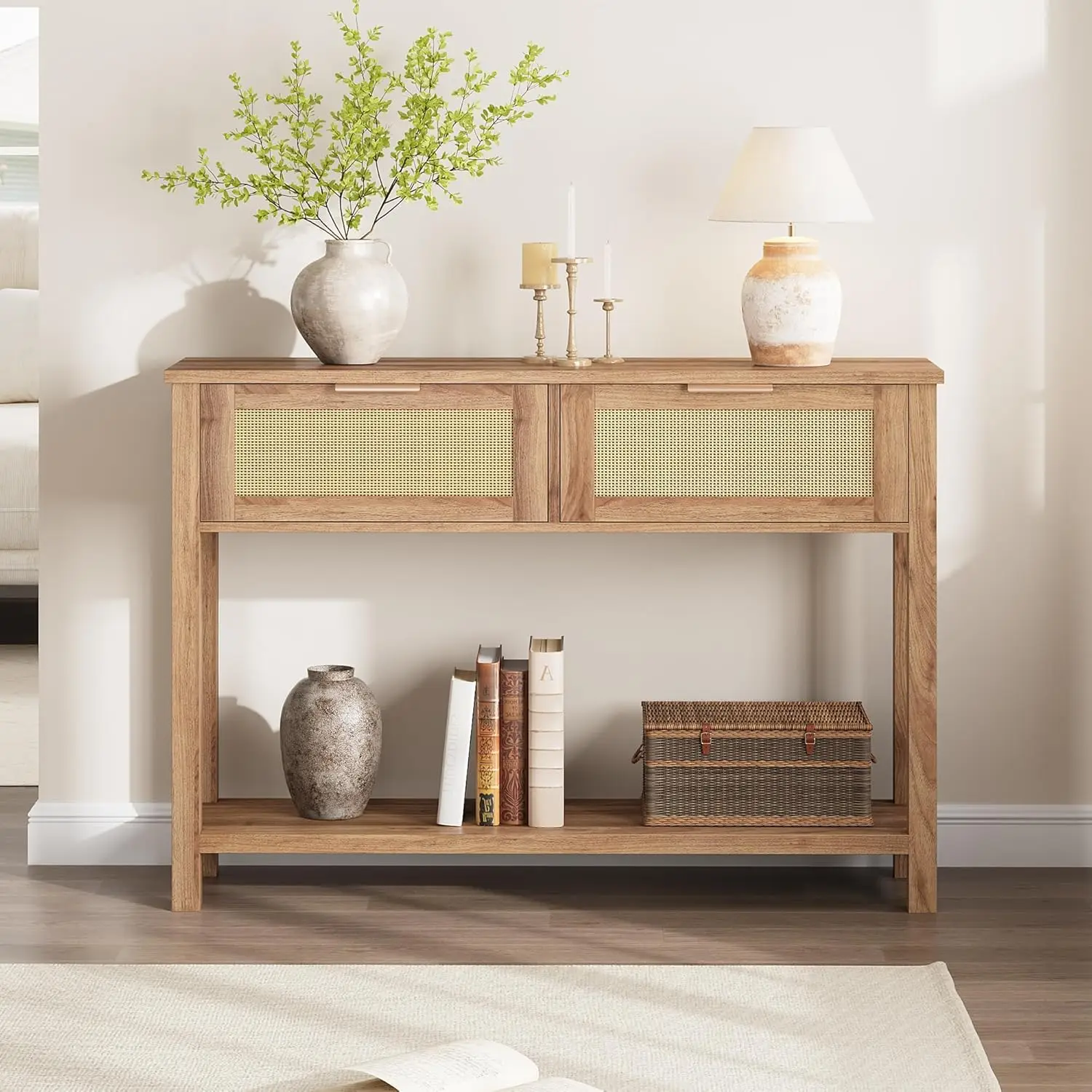 

Boho Entryway Table with Rattan Drawers, Grey Console Table for Entryway, 43" Wood Sofa Table with Storage Living Room, Hallway,