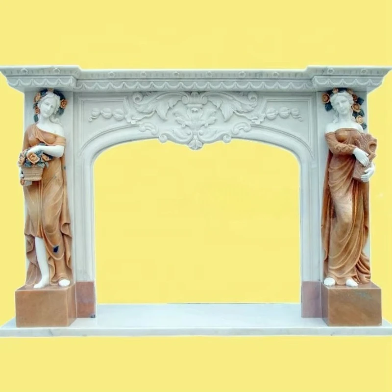 Custom Freestanding Marble Fireplace with Woman Statue Column yyh