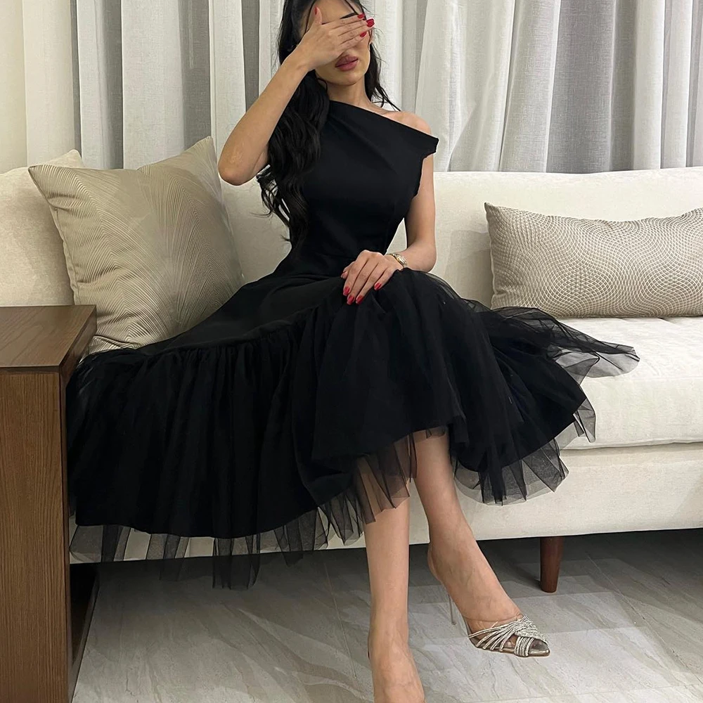 

Customized Graceful Tea Length One Shoulder Pleats Evening Dress Classic Sleeveless Photo Color Party Gown vestidos para mujer