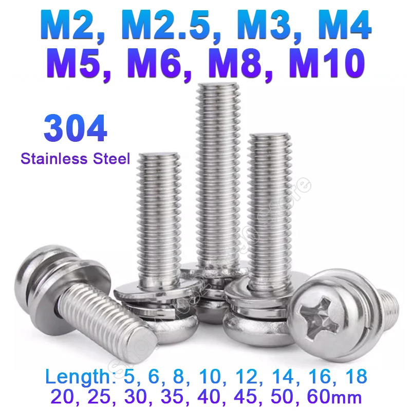 M2 M2.5 M3 M4 M5 M6 M8 M10 304 Stainless Steel Cross Round Phillips Pan Head SEM Screw Flat Washer Spring Gasket Assemble Bolts