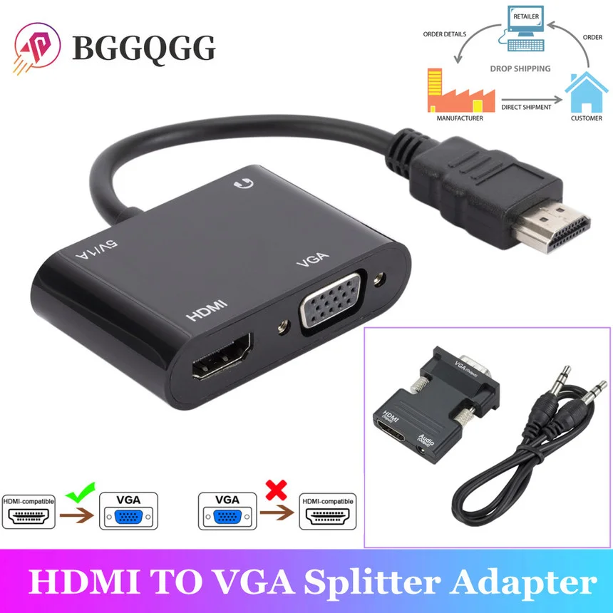 HDMI-compatible To VGA HD Adapter HD to VGA HD Splitter Support Dual Display At Same Time with audio for Pc Laptop Ultrabook