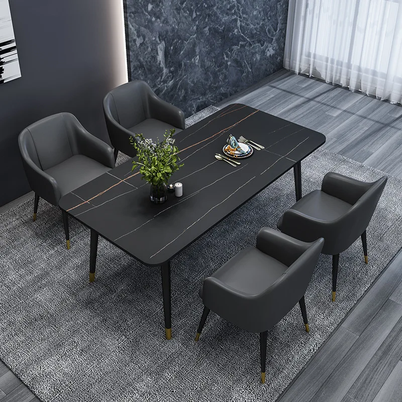 ^%Modern Europe Style Rock Stone Dining Table Set with 6 Chairs Home and Hotel Furniture for Dining Room or Warehouse Use