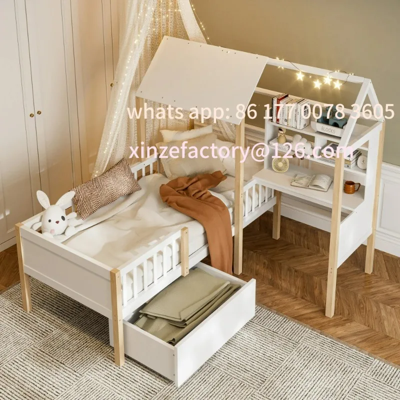 سرير أطفال قابل للتخصيص مقاس 90 × 200 سم مع قاعدة شرائح للسكك الحديدية الآمنة - مكتب على شكل حرف L، رف كتب، أدراج دوارة من الخشب الصلب متعدد الوظائف #2