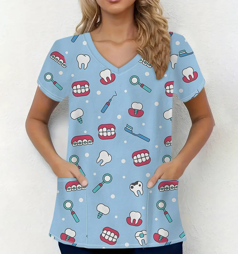 Clinical Uniform Woman Tooth Pattern Print Dental Nurse Tops Casual V-Neck Short Sleeve with Pockets Nursing Uniform for Women image 2