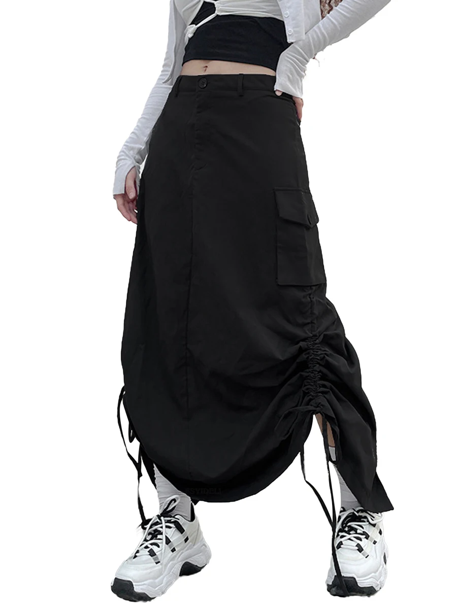 hirigin Retro Women Long Cargo Pocket Baggy Skirts Side Drawstring Low Rise Solid Pockets Hip Hop Straight Skirts Y2k Streetwear