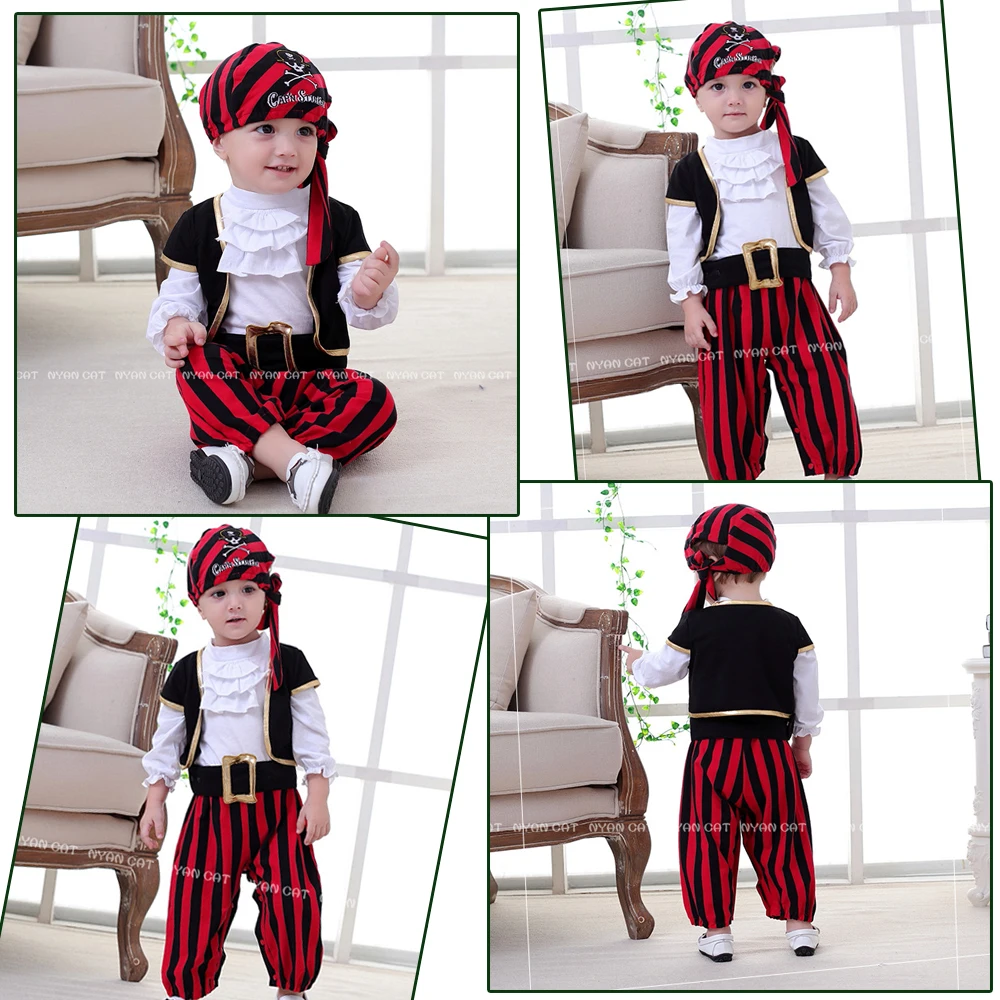 Baby Boys Girls Captain Pirate Costume Infant Toddler Romper Jumpsuit Umorden Halloween Purim Party Fancy Dress Red Stripe