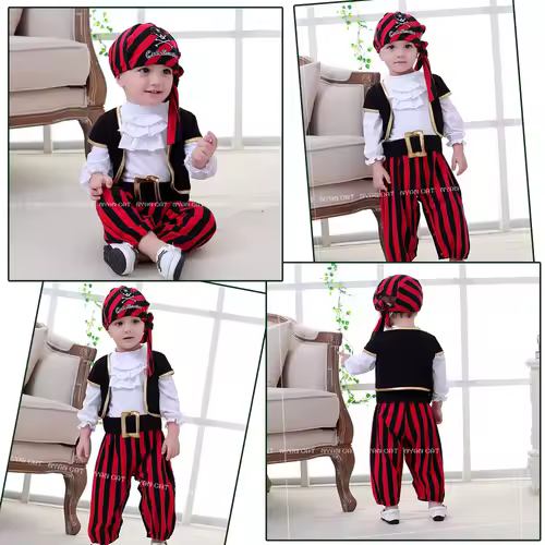 Baby Boys Girls Captain Pirate Costume Infant Toddler Romper Jumpsuit Umorden Halloween Purim Party Fancy Dress Red Stripe - Image 5