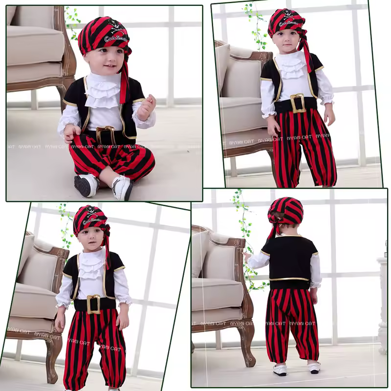 Baby Boys Girls Captain Pirate Costume Infant Toddler Romper Jumpsuit Umorden Halloween Purim Party Fancy Dress Red Stripe - Image 5