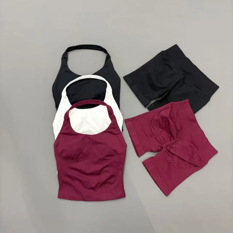 Conjunto Deportivo de 2 Piezas para Mujer, Top Halter sin Costuras para Yoga, Shorts Levanta Glúteos, Traje Deportivo para Gimnasio, Fitness y Running