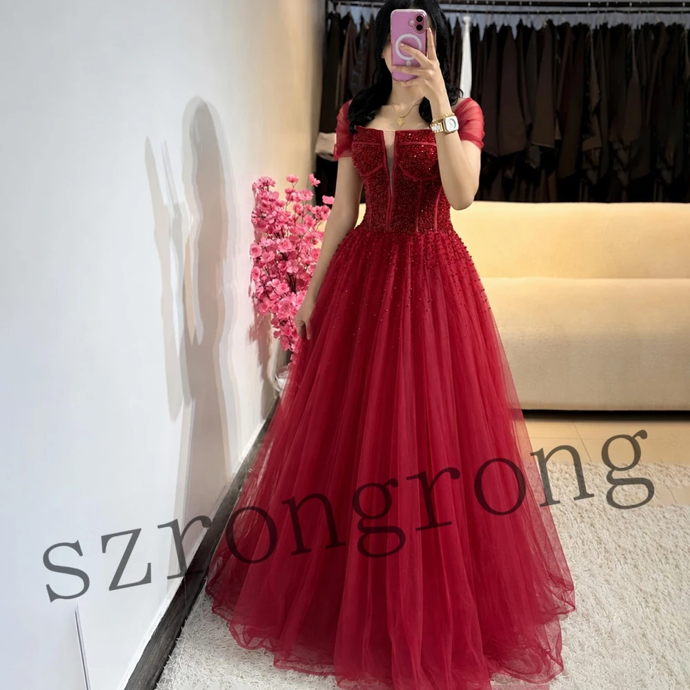 Customized Bridal Red Off Shoulder Tulle Sequins Wedding Evening Party Dresses Backless Floor Length Prom Cocktail Dress