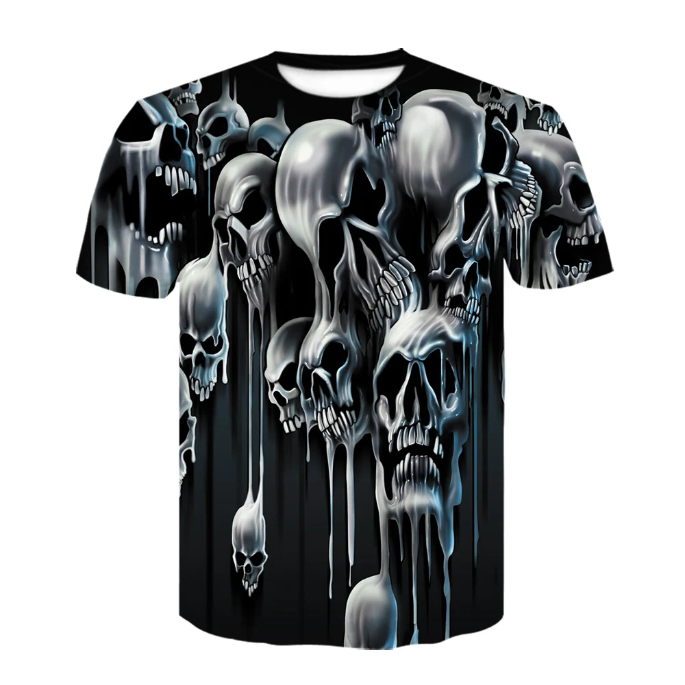 Camiseta masculina de caveira de terror estampada em 3D, blusa confortável, tamanho grande, casual, tendência de rua, personalidade moda verão