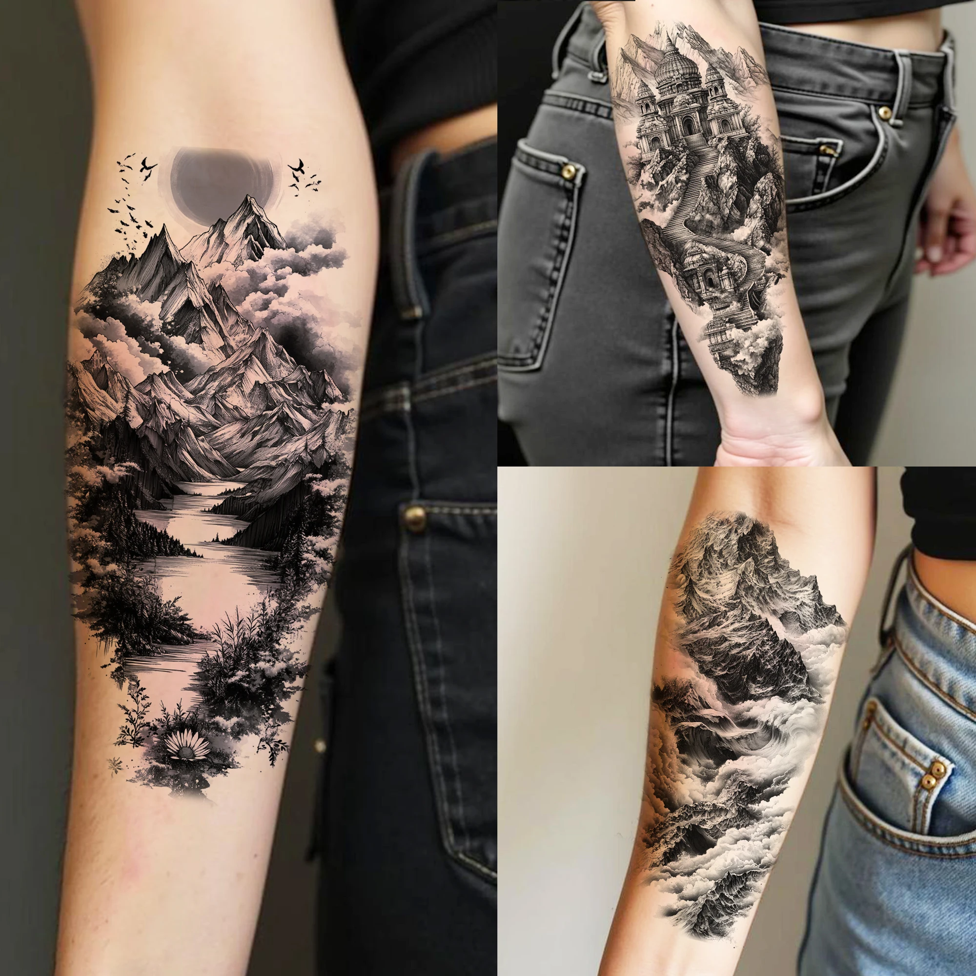 

1 Sheet Mountain Peak River Temporary Tattoos For Men Women Realistic Castle Fake Tattoos Waterproof Long Lasting Tatoo Sticker