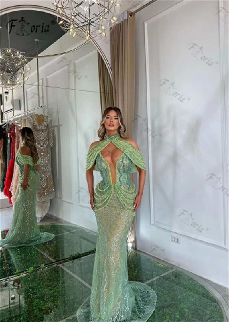 Luxus Perlen Quaste Abendkleid mit abnehmbaren Cape Green Dubai Memaid Promi Event Kleider Robe de Soiree elegante Party