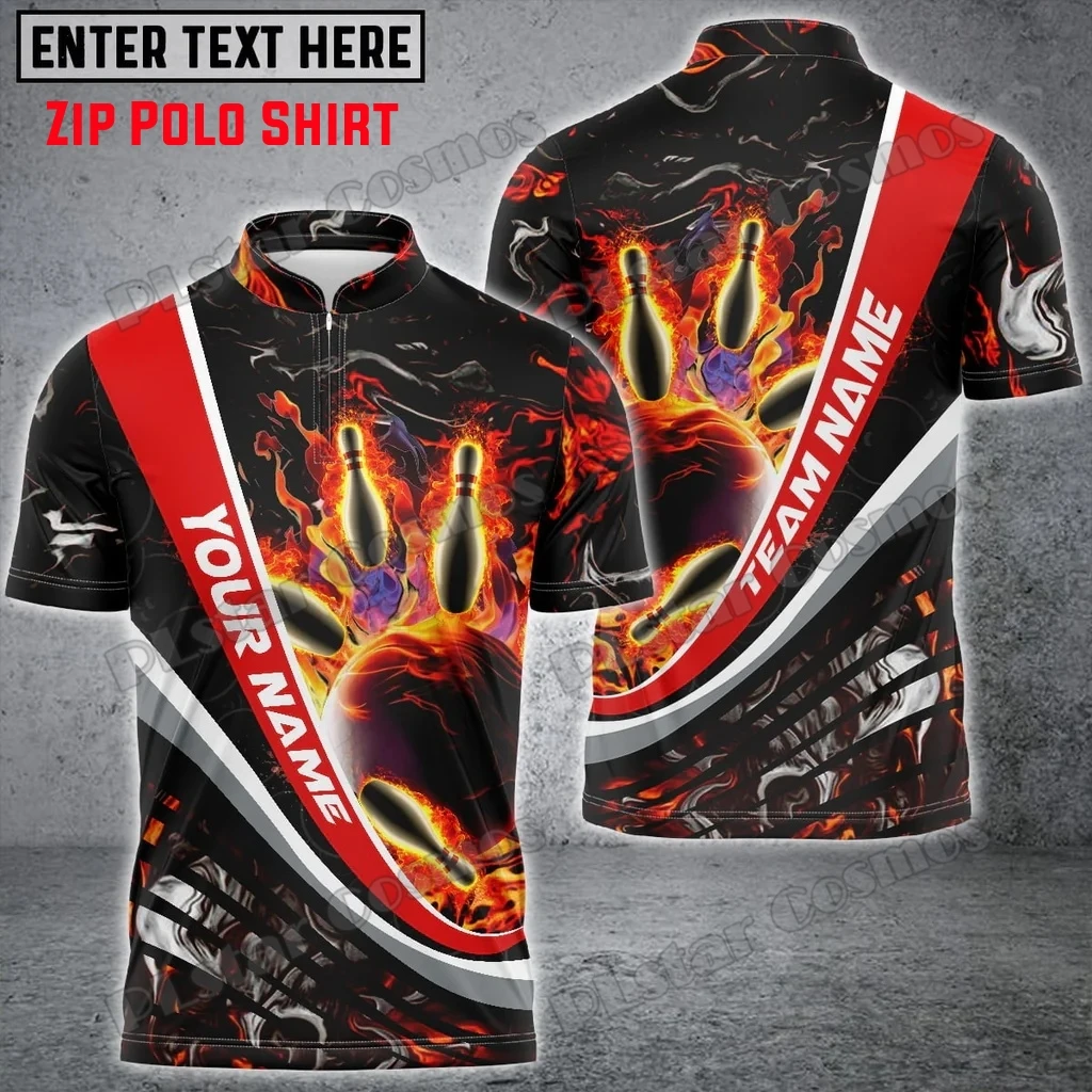 

Flaming Magma Bowling And Pins Custom Name 3D Printed Men's Zipper Polo Shirt Summer Street Unisex Casual Zip Polo Shirt WK121