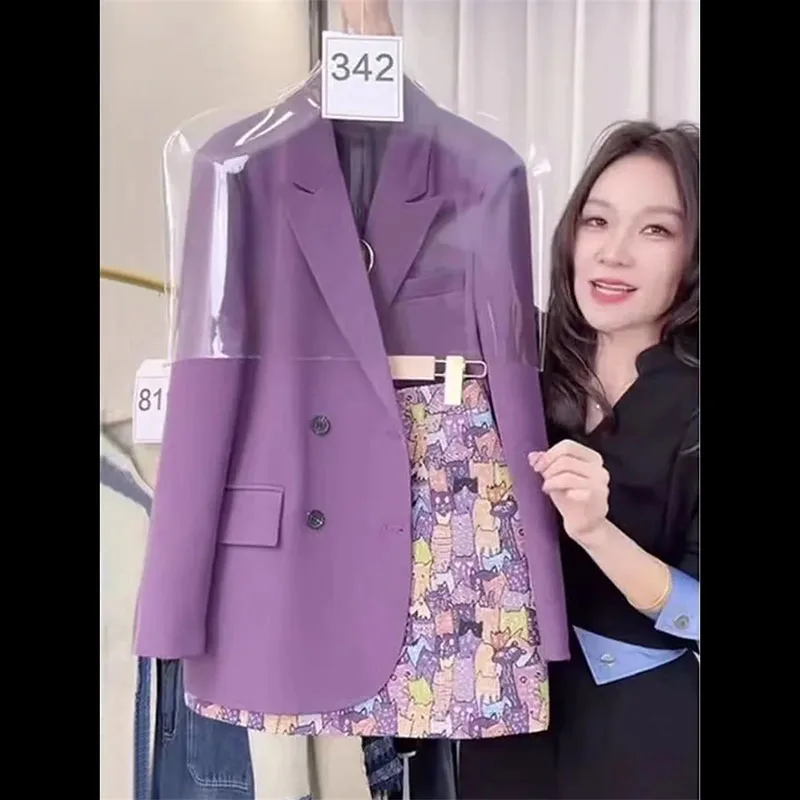 

Fashion Women Sets Spring Summer High-end Blazer Jacket Printed Skirt Two-piece Suit Ladies Casual Temperament Purple Suit Coat