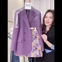 Fashion Women Sets Spring Summer High-end Blazer Jacket Printed Skirt Two-piece Suit Ladies Casual Temperament Purple Suit Coat