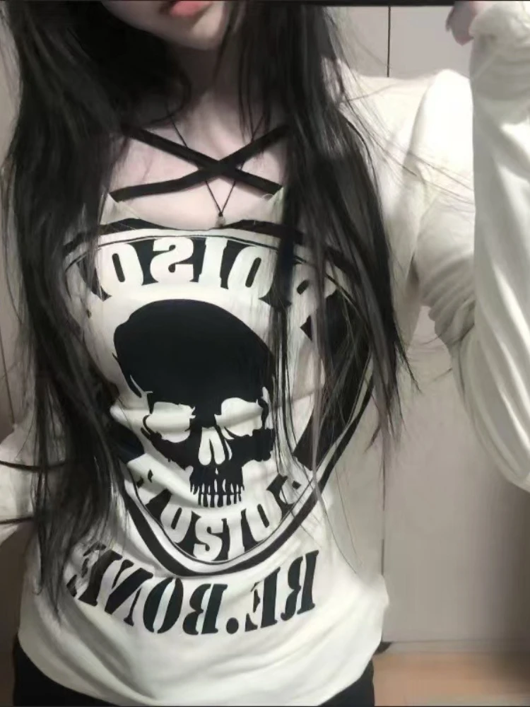 

Aesthetic Vintage Long Sleeve T-shirts Woman Gothic Darkly Zipper Skeleton Print Tops Female Y2k Chic Design Slim Outfits New