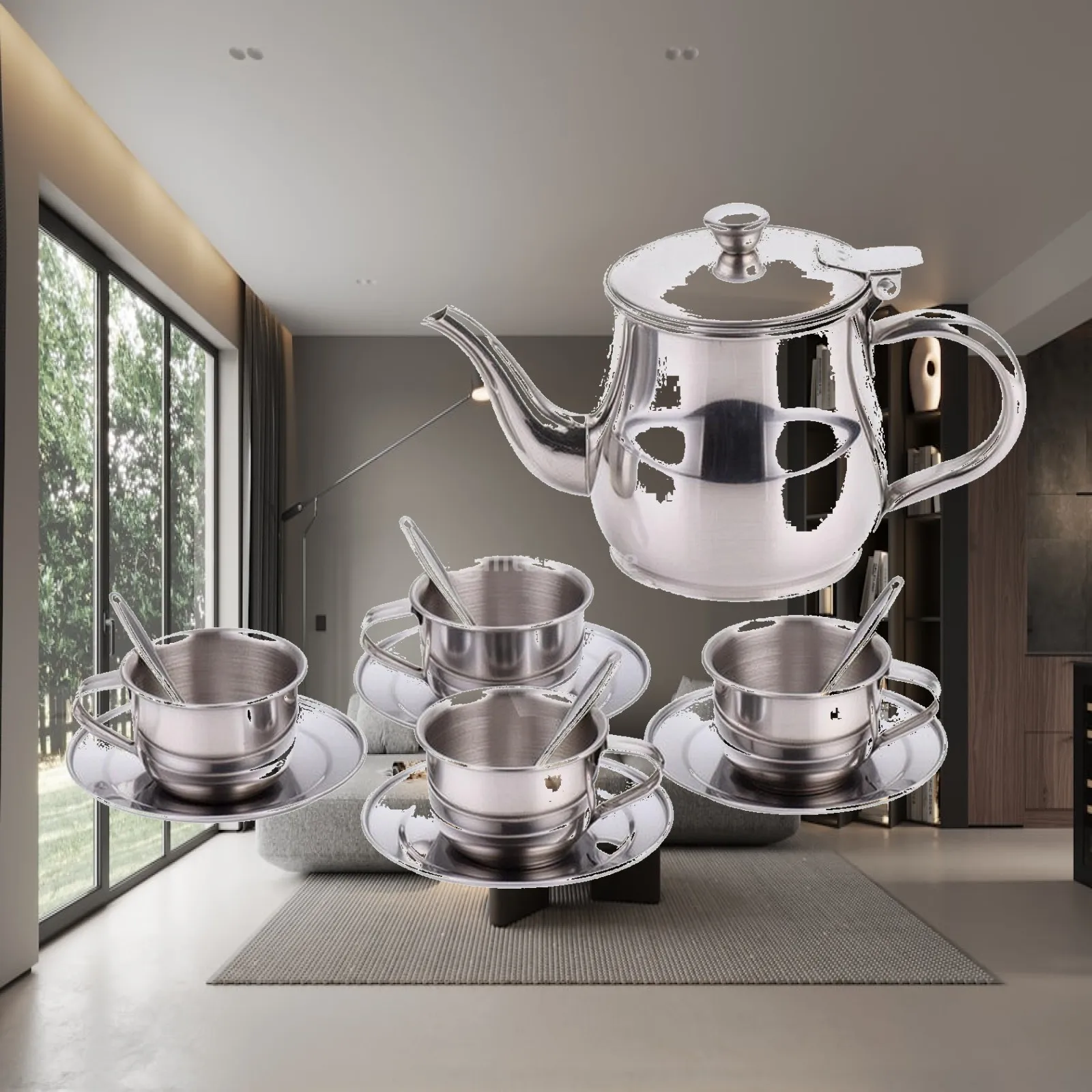 Fabric Toy Tea Set for Toddlers Stainless Steel Teapot Cups Saucers Spoons for Realistic Pretend Tea Party Experience