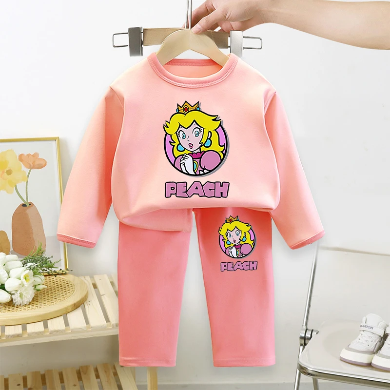 ماريوس لويجي بيجامات أطفال مجموعة لطيف الخوخ العربة فتاة صبي شتاء دافئ ملابس خاصة دعوى ملابس اخلية حرارية صالة بيجامات أطفال