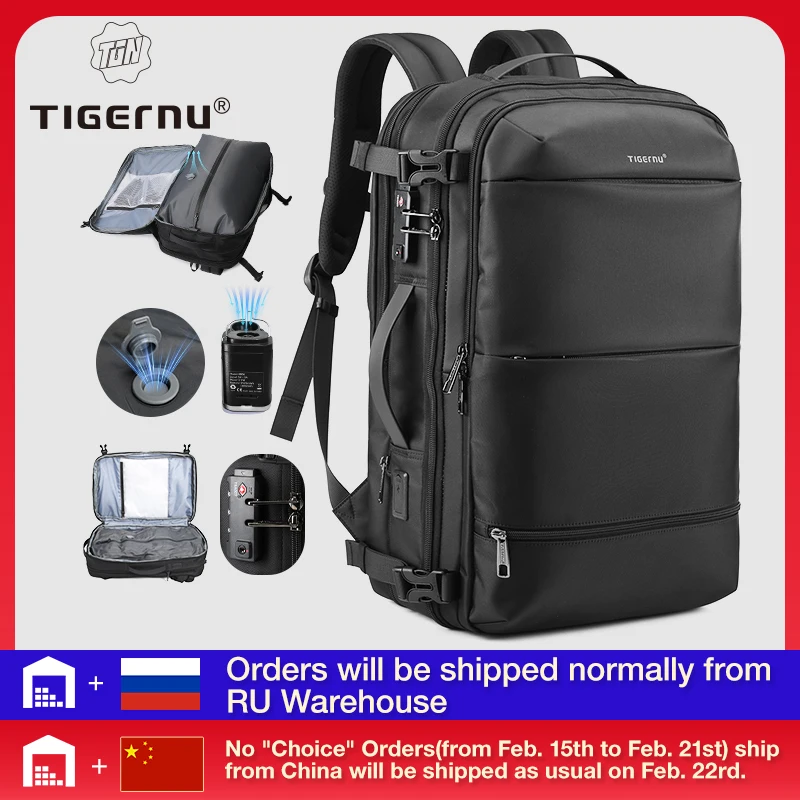 Tigernu Vacuum Compression Backpacks Men Travel Backpack Expandable USB Bag Large Capacity 17 Laptop Bags For Schoo Cabin Bags