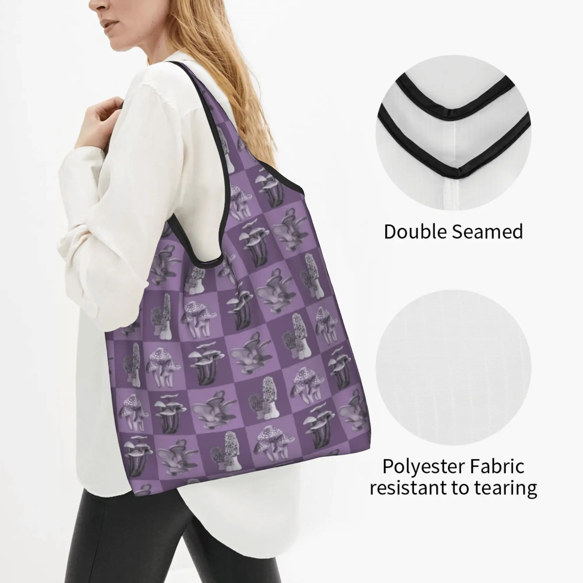 Recycling Purple Checkerboard Mushrooms Shopping Bag Women Tote Bag Portable  Grocery Shopper Bags