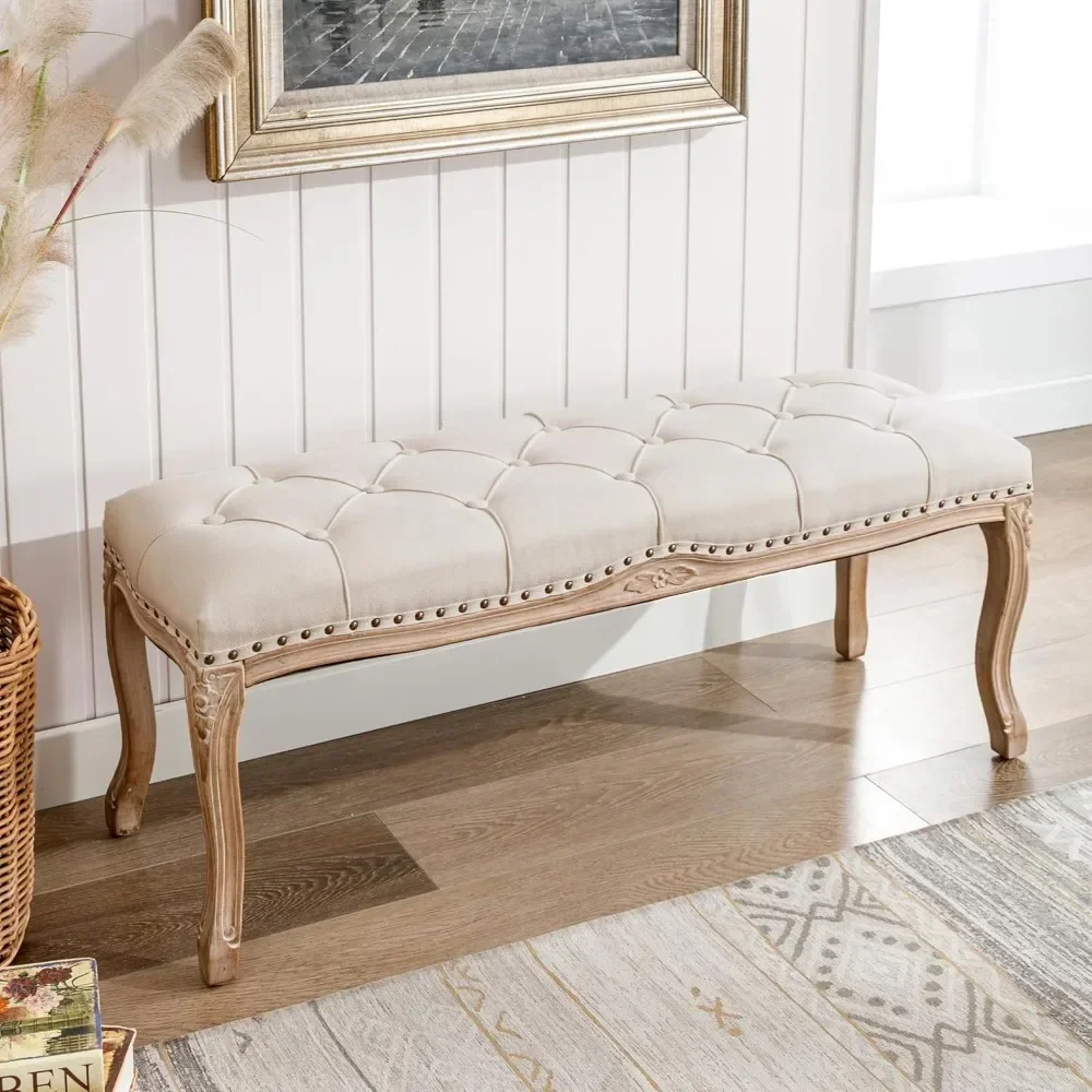 

Bedroom Bench, French Vintage Tufted Entryway Bench, 45.2'' Carving Upholstered End of Bed Bench with Indoor Soft Stool