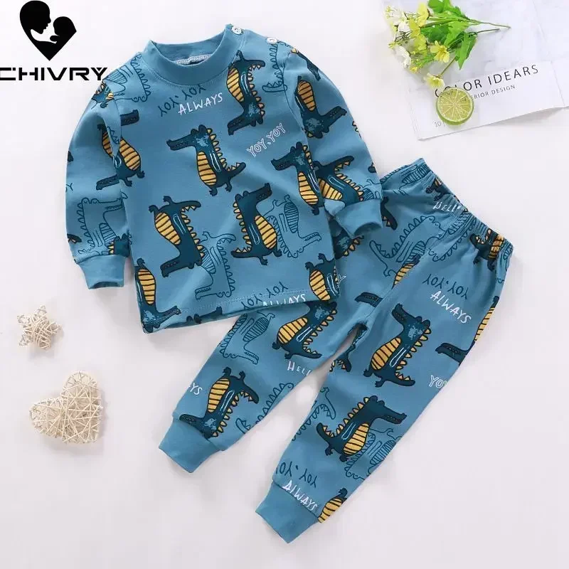 2024 New Kids Boys Girls Pajama Sets Cartoon Print Long Sleeve Cute T-Shirt Tops with Pants Toddler Baby Autumn Sleeping Clothes