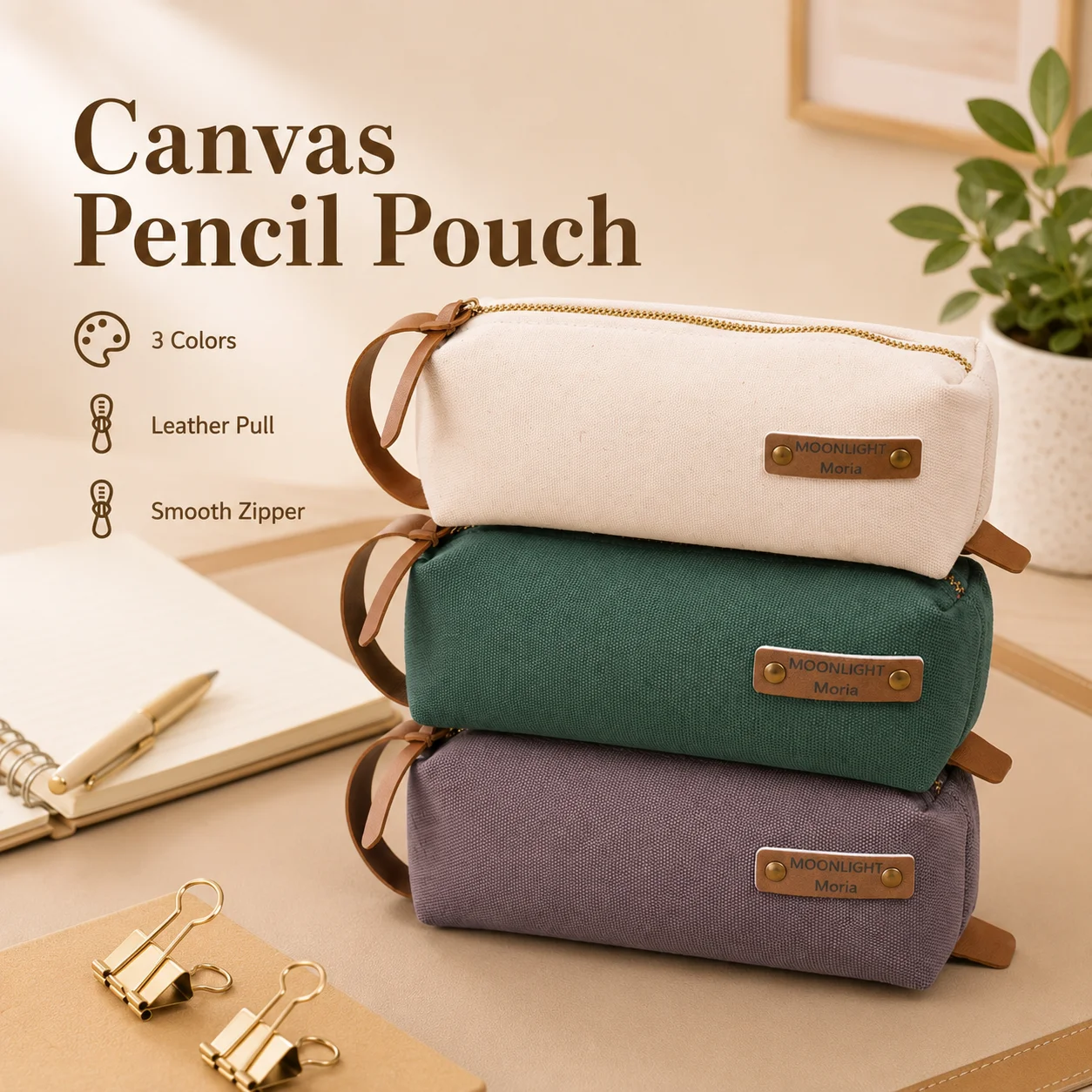 Durable Canvas Vintage PU Leather Handle Metal Zipper Large Pencil Case for Students Back To School Office Stationery Storage
