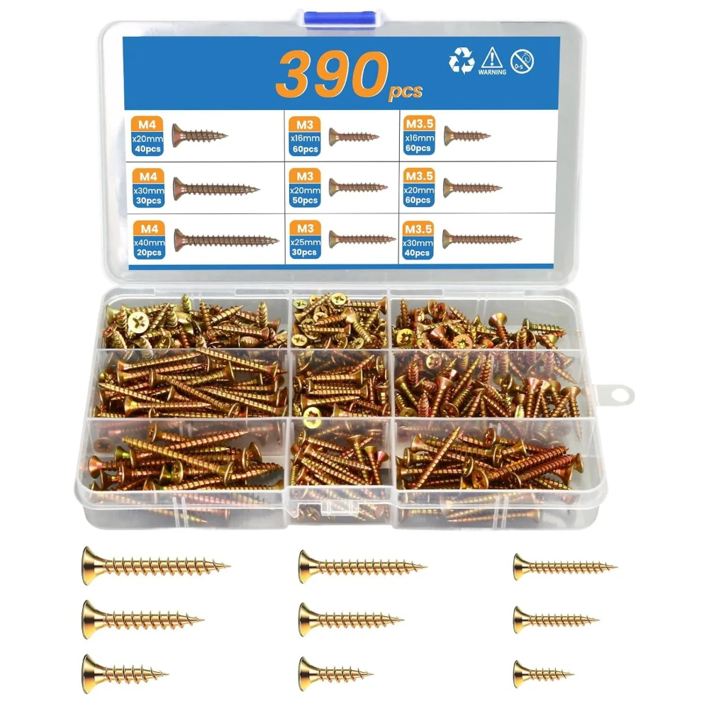 390Pcs Galvanized Countersunk Head Cross Self-tapping Screws Set GB Carbon Steel Flat Head Cross Wood Screws Combination Kit