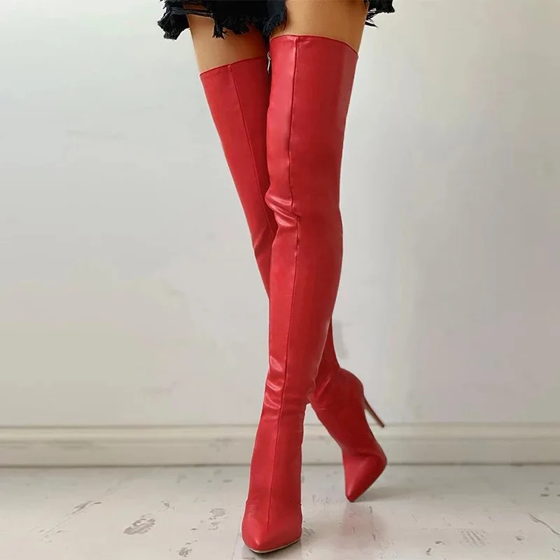 Classic Black Sexy Over The Knee Boots Women High Heels Shoes Red Thigh High Boots Spring Leather Long Boots Female Large size