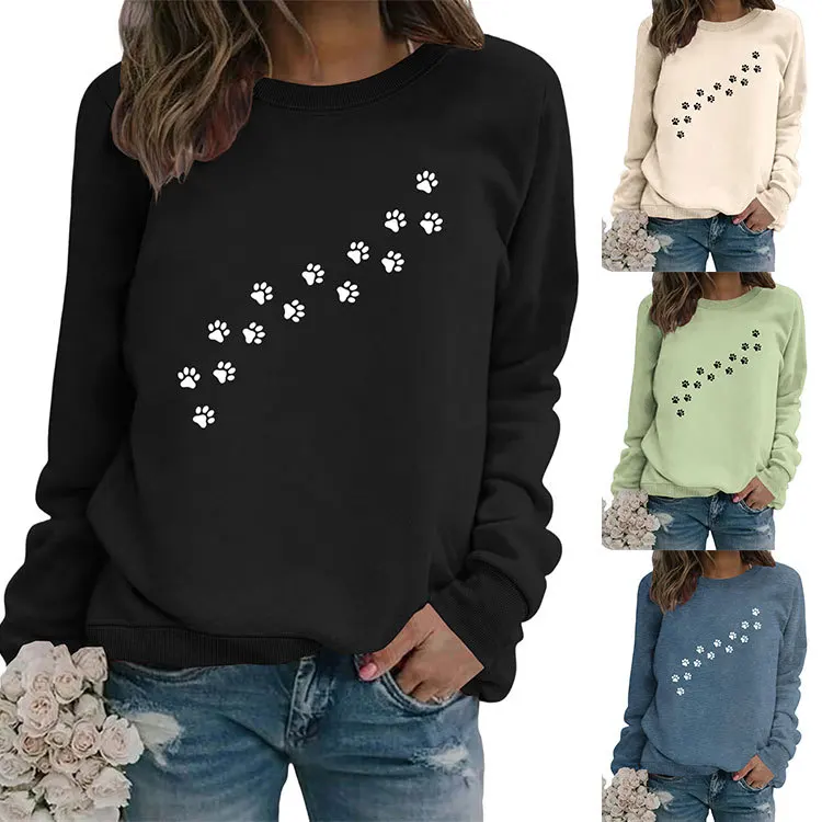 Autumn and winter new long-sleeved hoodie dog footprints print loose casual crew-neck fashion top