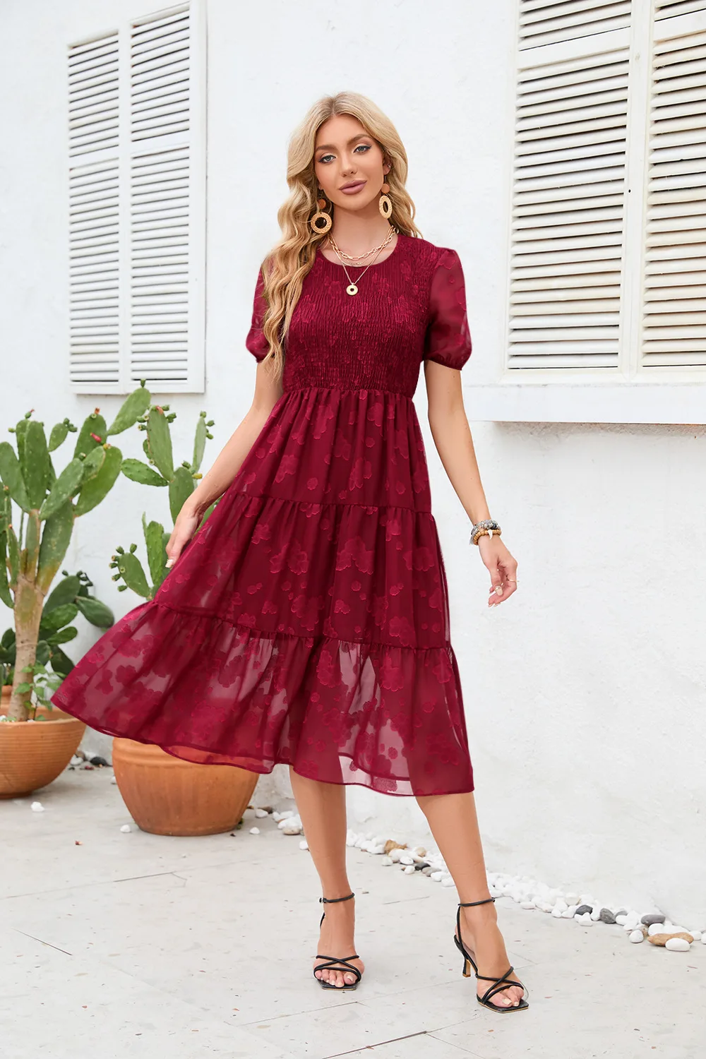 Short sleeved printed dress for women's summer 2023 new minimalist style round neck casual bubble sleeved large swing long skirt