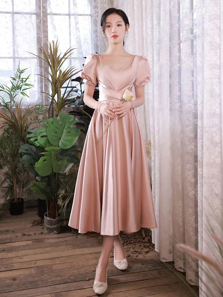 4 Styles Pink Bridesmaid Dresses Sweet Beaded Bow Square Collar Wedding Sisters Group Gown Elegant Satin Tea Length Prom Dress