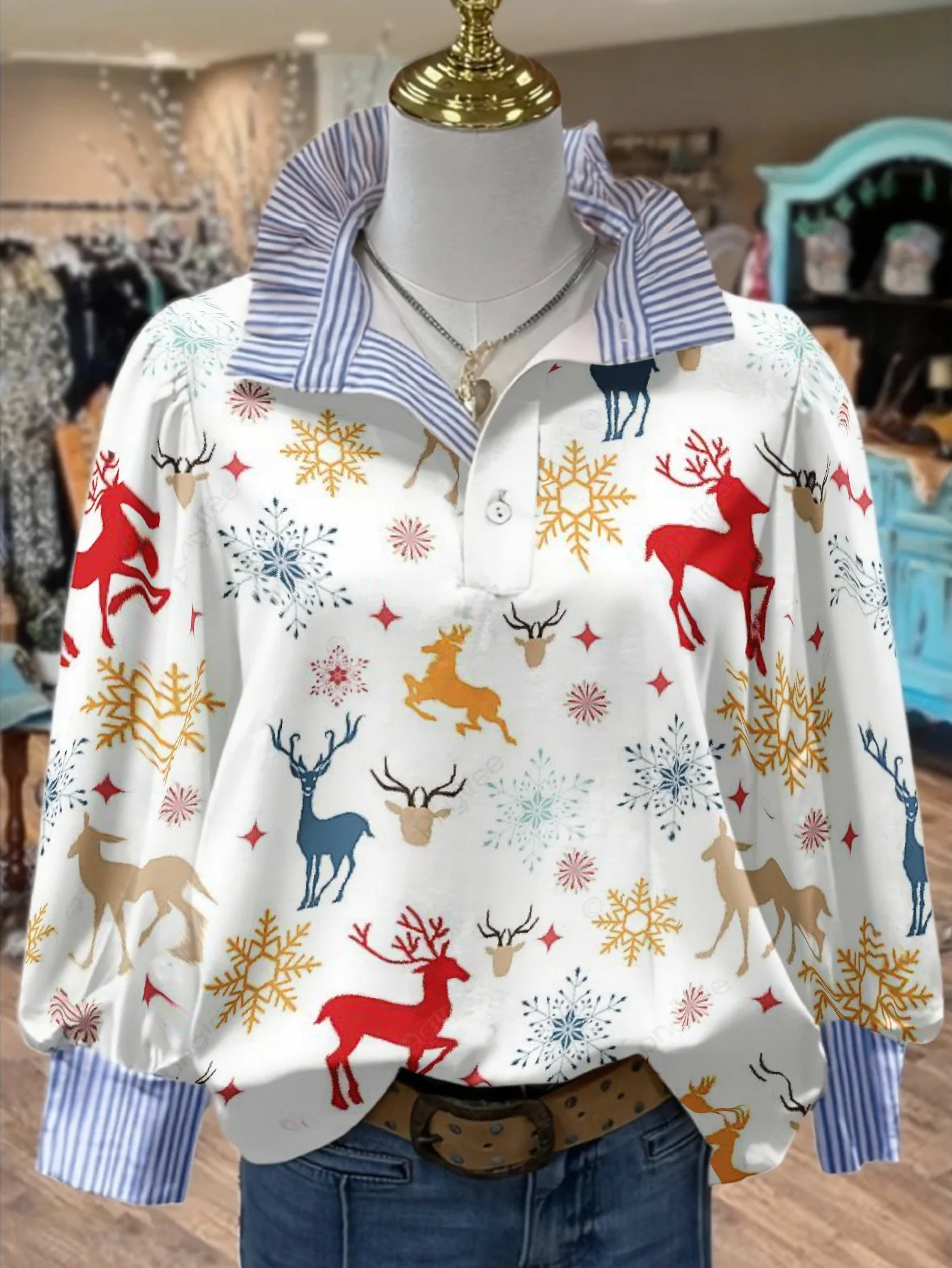 Christmas Women's Top Spring and Autumn Winter Women's Stand up Collar Shirt Long Sleeve, Four season comfortable shirt