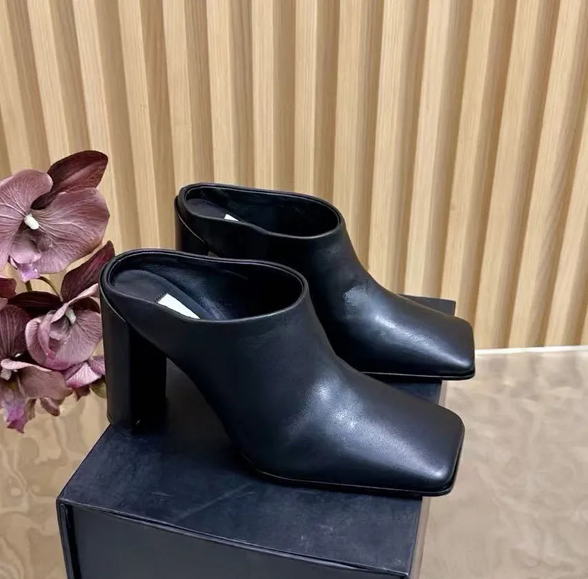 

2026 New Genuine Leather Soft Leather Square Head Slippers for Women Summer Wearing High Heels and Thick Heels Muller Shoes