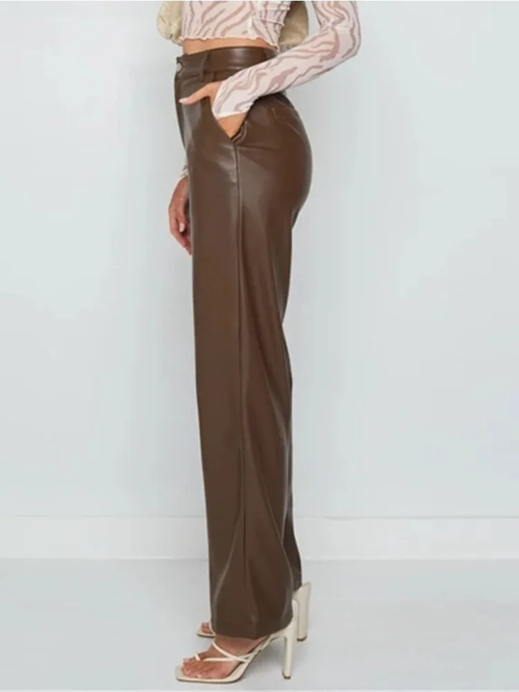 Women Leather Trousers High Waist Fashion Wide Leg Pants Autumn Winter Straight Tube Pants PU Leather Longs Solid Female Clothes