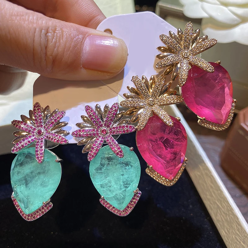 Stud Earrings flower and teardrop Green Fushia Heart Earrings Women Cute Jewelry Gift